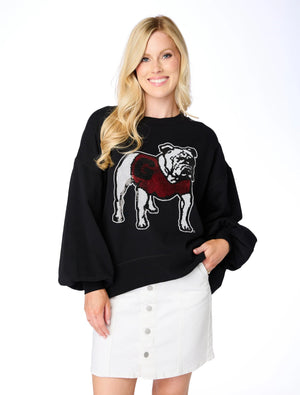 STEWART SIMMONS Women's Pullovers Stewart Simmons The Bulldog Sequin Balloon Pullover || David's Clothing