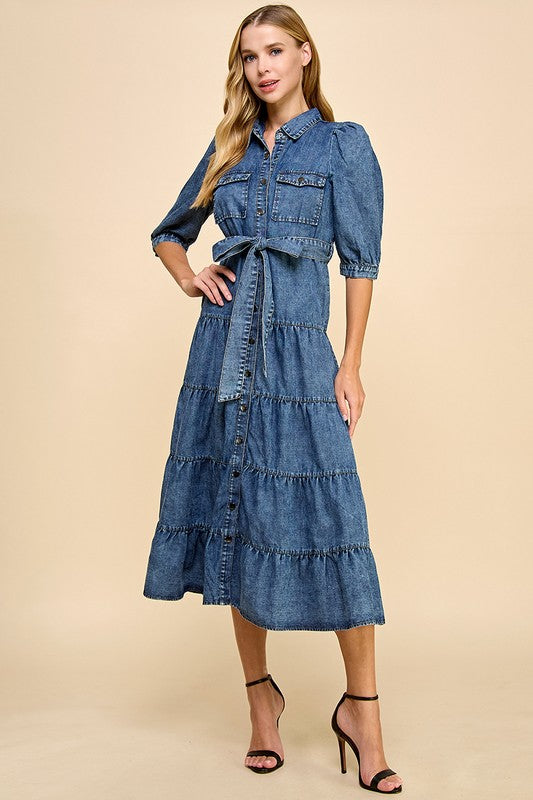 TCEC Women's Dresses Denim Tiered Midi Shirt Dress || David's Clothing 