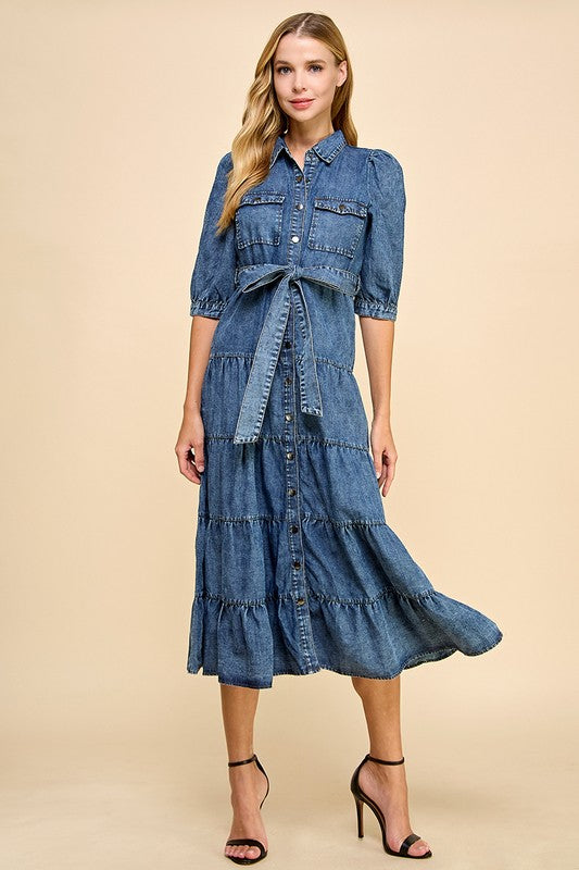 TCEC Women's Dresses Denim Tiered Midi Shirt Dress || David's Clothing 