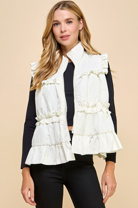 TCEC Women's Top CREAM / S Ruffle Trim Back Bow Detail Vest || David's Clothing CV1240