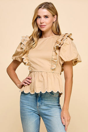 TCEC Women's Top KHAKI / S Puff Sleeve Top || David's Clothing CT8922