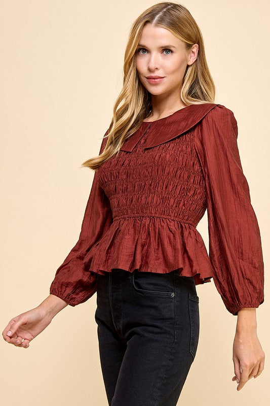 TCEC Women's Top Ruffle Hem Smocked Detail Blouse || David's Clothing