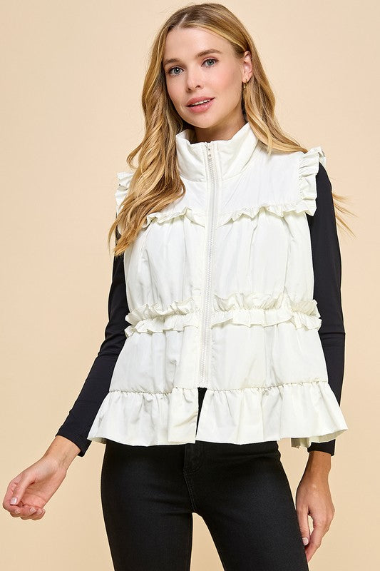 TCEC Women's Top CREAM / S Ruffle Trim Back Bow Detail Vest || David's Clothing CV1240