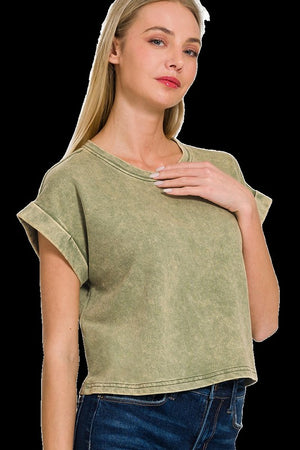 ZENANA 21-Women's Knit Top Acid Wash Cotton Folded Sleeve Top || David's Clothing