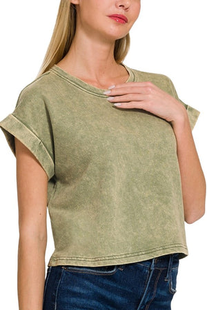 ZENANA 21-Women's Knit Top LT OLIVE / S Acid Wash Cotton Folded Sleeve Top || David's Clothing TTW-5263Y