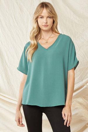 ENTRO INC Women's Top FOREST / S Entro V Neck Basic Top || David's Clothing 4561