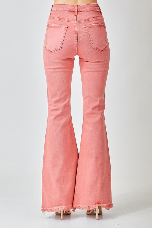 RISEN Coral Orange Pink High Waist Side Slit Raw Hem Flare Jeans